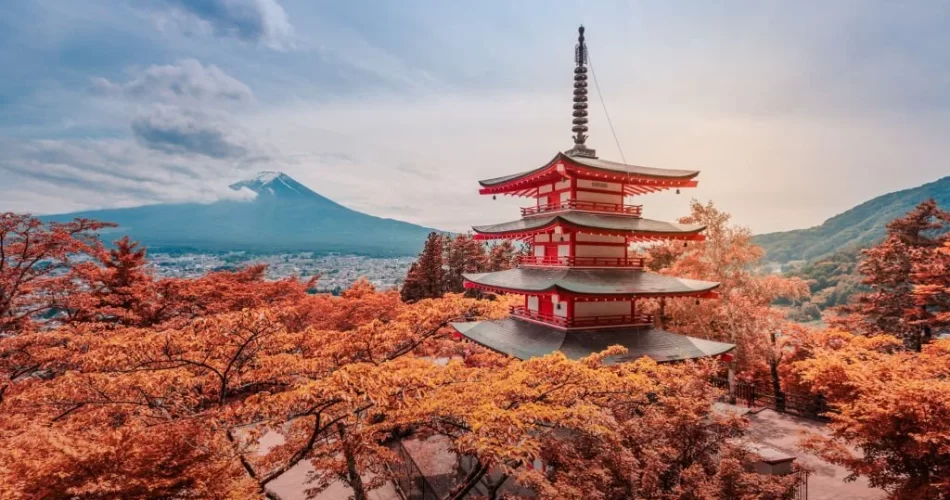 The Chureito Pagoda, a five-storied pagoda also known as the Fujiyoshida Cenotaph Monument, on the top of viewpoint can see mt. Fuji on the background