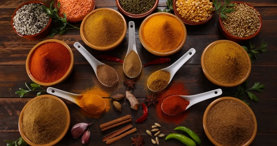 A selection of herbs and spices including Red and Green Chilli Turmeric Cumin Garam Masala