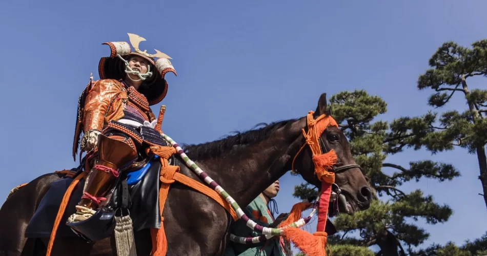 Japan Samurai Warrior riding on a black horse